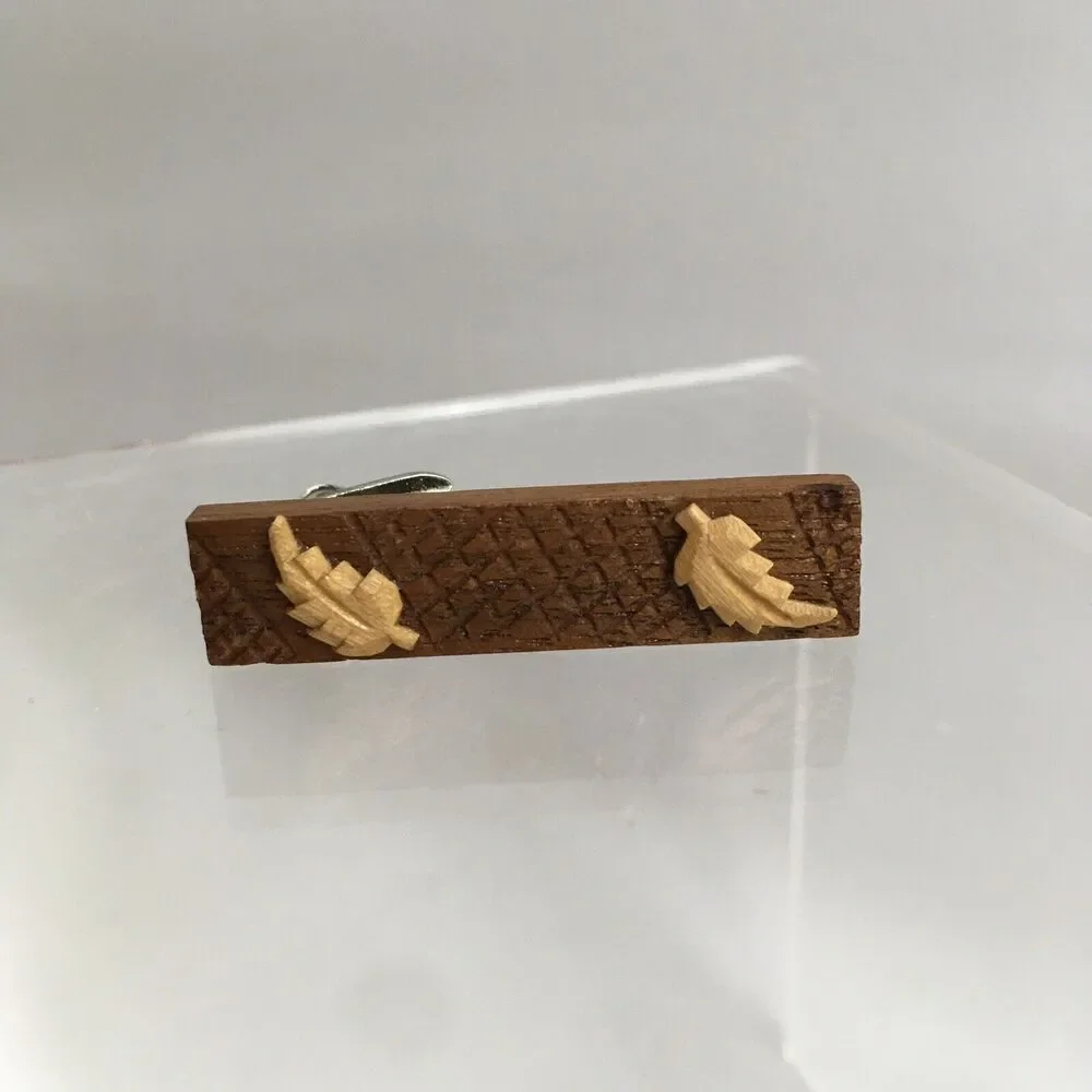 Vintage Etched Wood Leaf Cufflinks & Tie Clip Wooden Leaves Layered Modern H1
